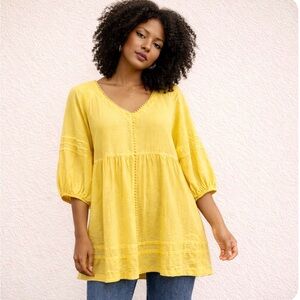 Haris Cotton Curve Yellow Linen babydoll Tunic Top Made in Greece Oversized M/L